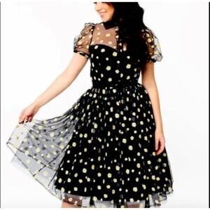 Unique Vintage Daisy Swing Dress Size S Mesh Sheer Collared Puff Sleeve Retro
